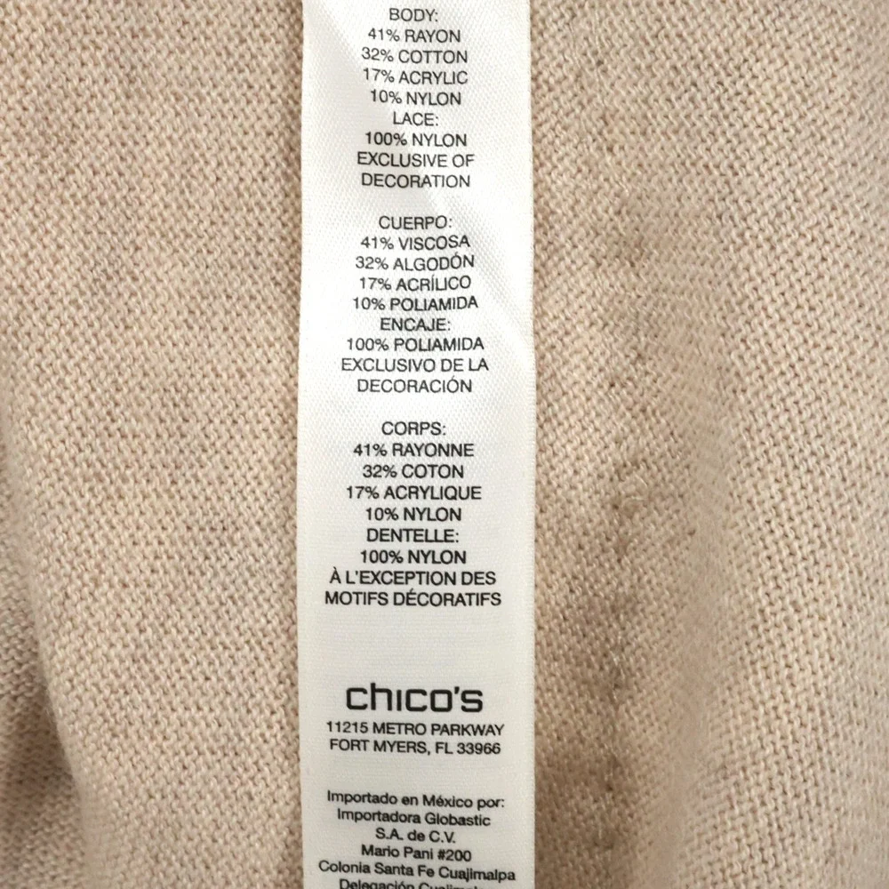 Chicos Sweater 2 Womens Large Beige Tan Cotton Blend Lace Hem Pullover Coastal